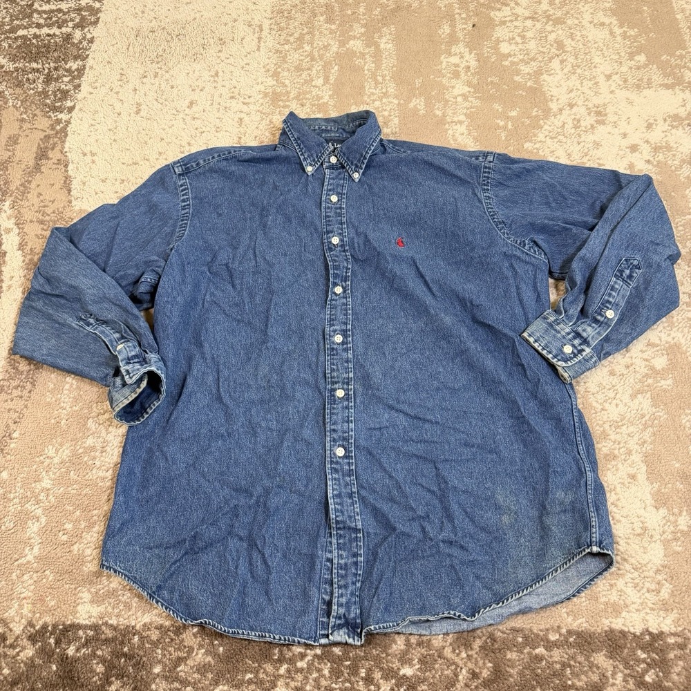 Vintage Polo Ralph Lauren Blake Denim Shirt Men L Blue Button Down Red Pony